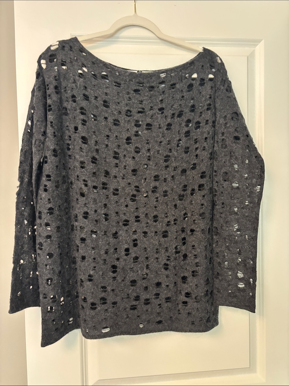 Sarah Pacini Charcoal Distressed Open-Knit Crew Sweater